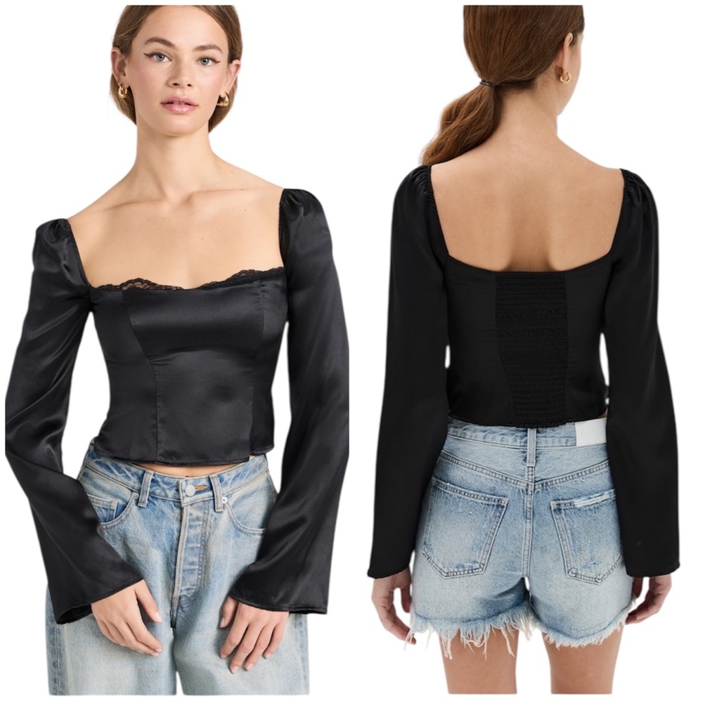 Reformation Black Rita Silk Square Neck Long Sleeve Silk Cropped Top 0